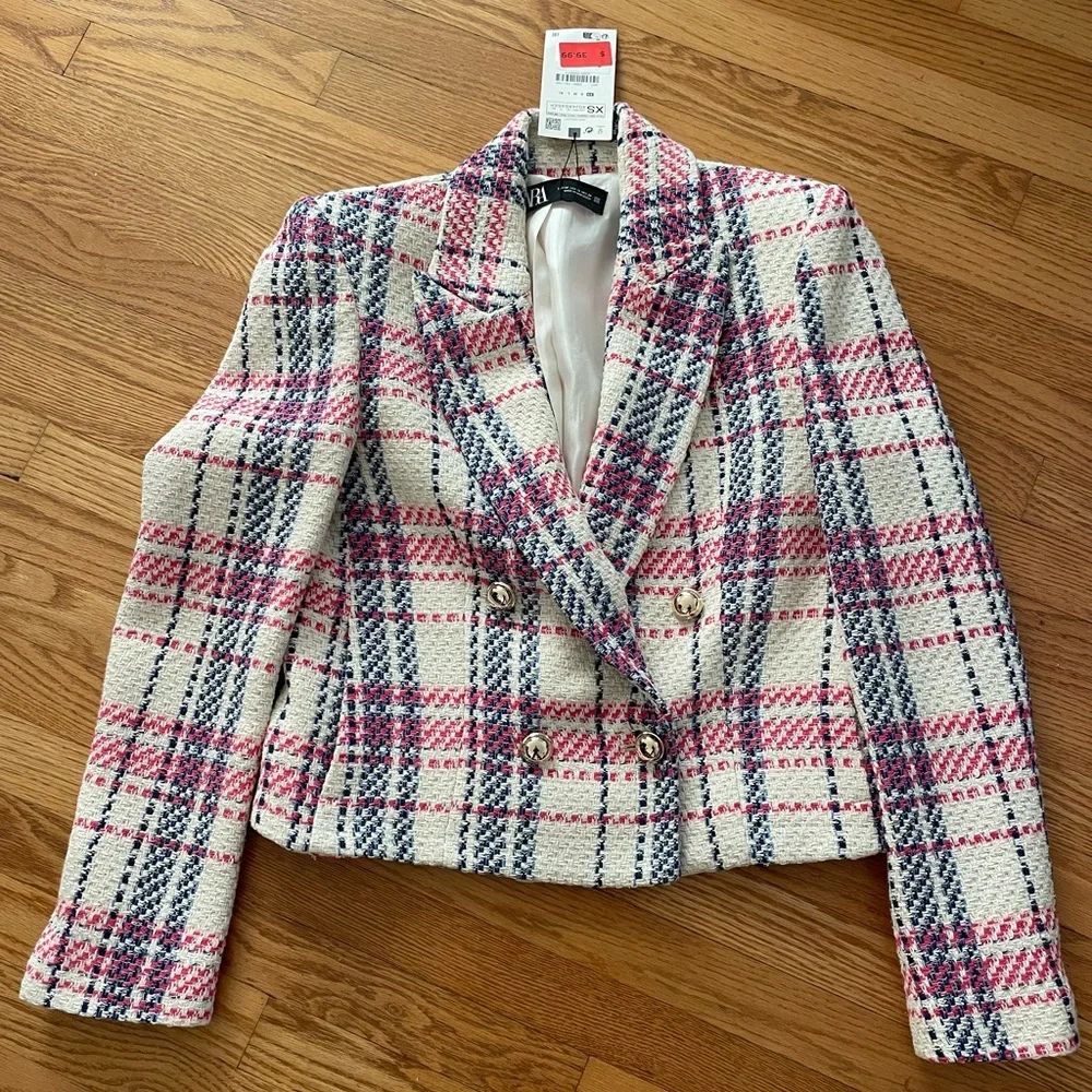 Zara Blue Pink Cream Plaid Tweed Double Breasted Blazer NWT Size XS Cropped - Picture 1 of 4